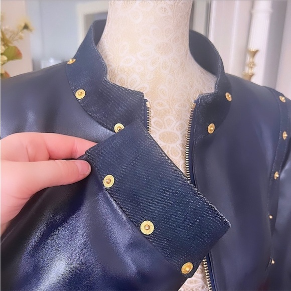 ST JOHN SPORT Navy Blue Lambs Leather & Denim Trim Zip Up Leather Jacket Size L - Picture 6 of 14